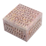 Soapstone decorative box, 'Happy Leaves' - Leaf-Themed Jali Openwork Carved Soapstone Decorative Box