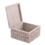 Soapstone decorative box, 'Happy Leaves' - Leaf-Themed Jali Openwork Carved Soapstone Decorative Box