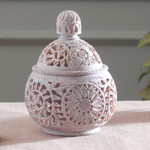 Soapstone decorative jar, 'Jali Garden' - Openwork Floral and Leaf-Themed Soapstone Decorative Jar