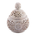 Soapstone decorative jar, 'Jali Garden' - Openwork Floral and Leaf-Themed Soapstone Decorative Jar