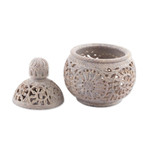 Soapstone decorative jar, 'Jali Garden' - Openwork Floral and Leaf-Themed Soapstone Decorative Jar