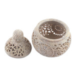 Soapstone decorative jar, 'Jali Garden' - Openwork Floral and Leaf-Themed Soapstone Decorative Jar
