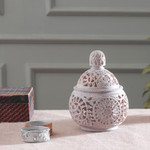 Soapstone decorative jar, 'Jali Garden' - Openwork Floral and Leaf-Themed Soapstone Decorative Jar