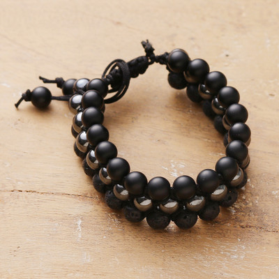 Hematite and obsidian beaded bracelet, 'Shadows of Courage' - Unisex Adjustable Hematite and Obsidian Beaded Bracelet