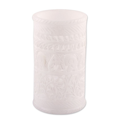Alabaster decorative vase, 'Elephant March' - Jali Openwork Elephant Leaf-Themed Alabaster Decorative Vase