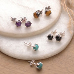 Multi-gemstone stud earrings, 'Exquisite Collection' (set of 4) - 4 Multi-Gemstone Silver Stud Earrings with Suede Pouch