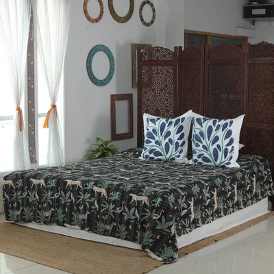 Kantha embroidered cotton bedspread, 'Night Jungle Story' (queen) - Tropical-Themed Embroidered Cotton Queen Bedspread in Black