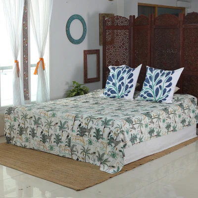 Kantha embroidered cotton bedspread, 'Morning Jungle Story' (queen) - Jungle-Themed Embroidered Cotton Queen Bedspread in White