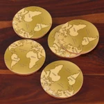 Wood coasters, 'Charming Cartography' (set of 5) - Set of 5 World Map-Themed Round Laminated Wood Coasters