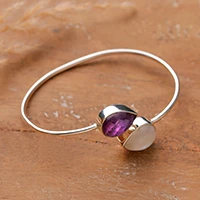 Amethyst and rainbow moonstone cuff bracelet, 'Moonlit Aura' - Silver Cuff Bracelet with Pear Amethyst Rainbow Moonstone