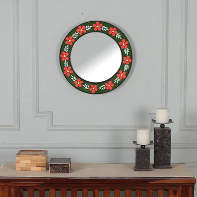 Ceramic mosaic mirror, 'Tangerine Warmth' - Flower-Themed Ceramic Mosaic Mirror in Green and Tangerine