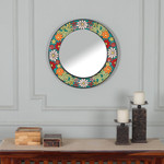 Ceramic mosaic mirror, 'Cycle of Spring Blooms' - Multicolor Spring-Patterned Round Ceramic Mosaic Mirror