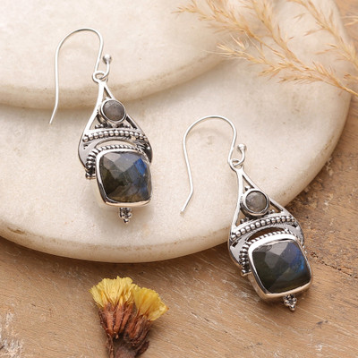 Labradorite dangle earrings, 'Intuitive Royalty' - Natural Faceted Labradorite Dangle Earrings with 13 Carats