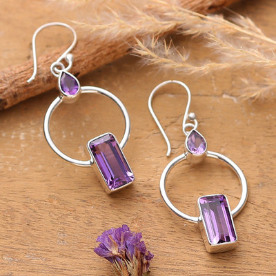 Amethyst dangle earrings, 'Chic Purple' - Geometric-Inspired Amethyst Sterling Silver Dangle Earrings