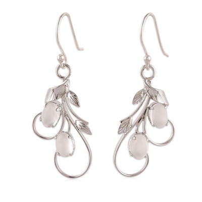 Moonstone dangle earrings, 'Luminous Leaves' - Moonstone Silver Dangle Earrings with Leaf Nature Motif