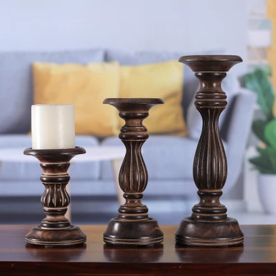 Wood candle holders, 'Rustic Charm' (set of 3) - Set of 3 Hand-Carved Mango Wood Candle Holders in Brown