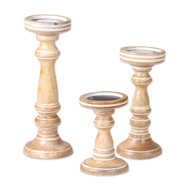 Natural Elegance Set of 3 Whitewashed Hand-Carved Beige Wood Candle Holders - Thumbnail 2