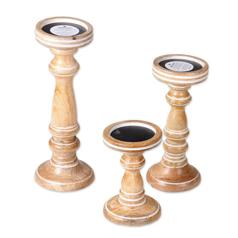 Natural Elegance Set of 3 Whitewashed Hand-Carved Beige Wood Candle Holders
