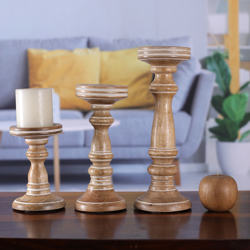 Natural Elegance Set of 3 Whitewashed Hand-Carved Beige Wood Candle Holders - Thumbnail 3