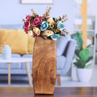 Wood decorative vase, 'Rustic Modernity' - Minimalist-Themed Natural Brown Mango Wood Decorative Vase