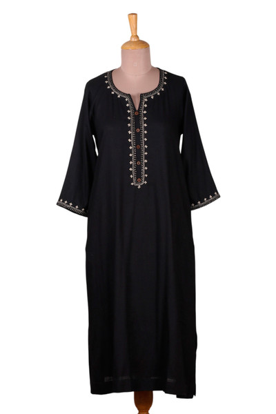 Embroidered cotton tunic dress, 'Palatial Onyx' - Artisan-Made 100% Cotton Tunic Dress in Onyx Black Hues