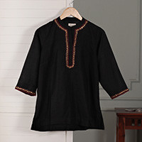 Embroidered tunic, 'Mystic Allure' - Hand-Embroidered Black Tunic with Golden-Hued Beaded Accents