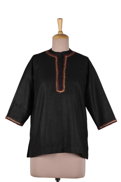 Embroidered tunic, 'Mystic Allure' - Hand-Embroidered Black Tunic with Golden-Hued Beaded Accents