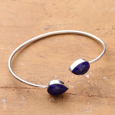 Lapis lazuli cuff bracelet, 'Palatial Dew' - 11-Carat Checkerboard Lapis Lazuli Cuff Bracelet from India