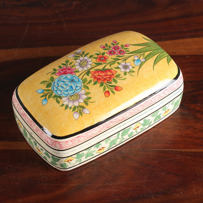 Papier mache jewelry box, 'Whispers of Summer' - Summer-Themed Hand-Painted Yellow Papier Mache Jewelry Box