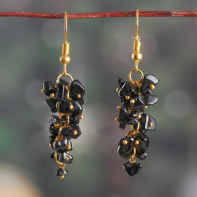 Obsidian cluster earrings, 'Boho Puissance' - Handmade Natural Obsidian Chip Cluster Earrings from India