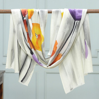 Wool and silk blend shawl, 'Echoes of Spring' - Artisan-Made Hand-Painted Floral Wool and Silk Blend Shawl