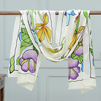 Wool and silk blend shawl, 'Primaveral Hues' - Nature-Themed Colorful Wool and Silk Blend Shawl from India