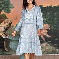 Embroidered viscose dress, 'Dillydally' - Blue and Ivory Embroidered Floral Viscose Tunic Dress