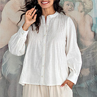 Cotton tunic blouse, 'White Whisper' - Pintucked Cotton Tunic Blouse with Hemstitched Accents