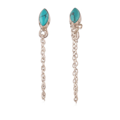 Reconstituted turquoise dangle earrings, 'Flowing Blue' - Reconstituted Turquoise Silver Dangle Earrings with Chains