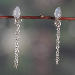 Rainbow moonstone dangle earrings, 'Flowing White' - Rainbow Moonstone Hanging Chains Silver Dangle Earrings