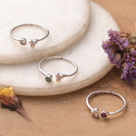 Multi-gemstone stacking wrap rings, 'Luxurious Trio' (set of 3) - 3 Silver Stacking Wrap Rings with Emerald Ruby White Quartz