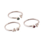 Multi-gemstone stacking wrap rings, 'Luxurious Trio' (set of 3) - 3 Silver Stacking Wrap Rings with Emerald Ruby White Quartz