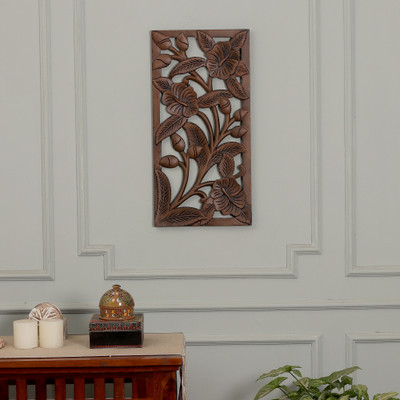 Wood relief panel, 'Primaveral Portrait' - Spring-Themed Polished Rectangular Mango Wood Relief Panel