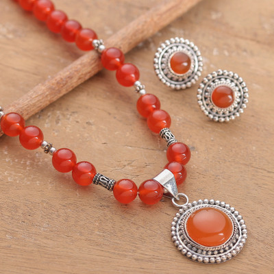 Carnelian jewelry set, 'Fiery Sun' - Sun-Themed Carnelian Gem Necklace and Earrings Jewelry Set