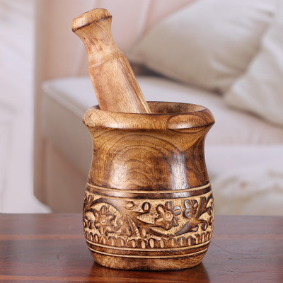 Wood mortar and pestle, 'Rustic Beauty' - Hand-Carved Wood Mortar and Pestle with Floral Leaf Theme