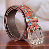 Men's leather belt, 'Vintage Appeal' - Turquoise and Copper-Toned Men's 100% Leather Buckle Belt