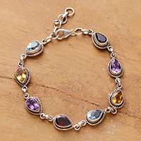 Multi-gemstone link bracelet, 'Sparkling Spell' - Polished Faceted Multi-Gemstone Link Bracelet from India