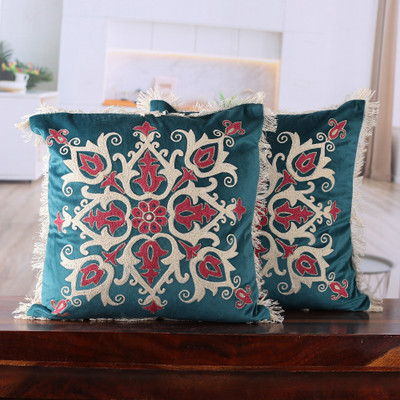 Cotton velvet cushion covers, 'Blooming Delight' (pair) - 2 Floral Embroidered Fringed Cotton Velvet Cushion Covers