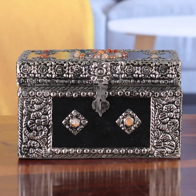 Nickel-plated beaded wood jewelry box, 'Jewel of the Belle' - Glass Beaded and Nickel-Plated Brass Sheet Wood Jewelry Box