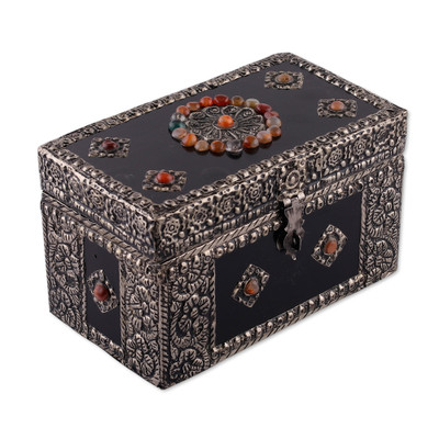Nickel-plated beaded wood jewelry box, 'Jewel of the Belle' - Glass Beaded and Nickel-Plated Brass Sheet Wood Jewelry Box