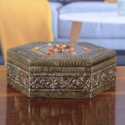 Brass-accented wood jewelry box, 'Golden Epoque' - Indian-Inspired Floral Embossed Brass Mango Wood Jewelry Box