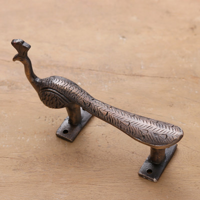 Brass door handle, 'Royal Entrance' - Peacock-Themed Copper-Plated Brass Door Handle from India