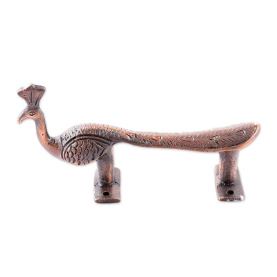 Brass door handle, 'Royal Entrance' - Peacock-Themed Copper-Plated Brass Door Handle from India