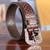 Men’s leather belt, 'Honeycomb Appeal' - Men's Embossed Brown Leather Belt with Antique Brass Buckle